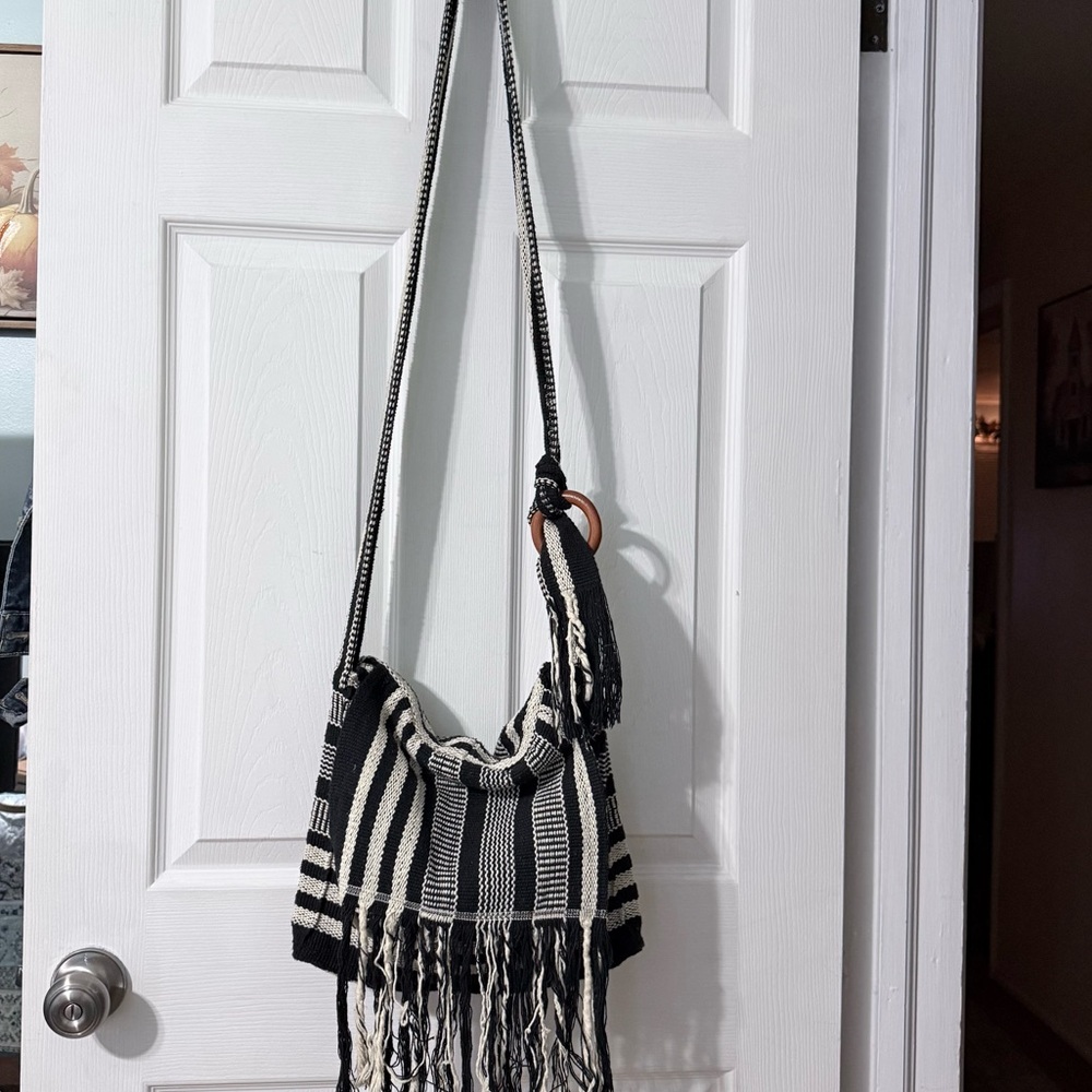 Boho Hippie Woven Black and White Fringe Shoulder Bag Crossbody Purse